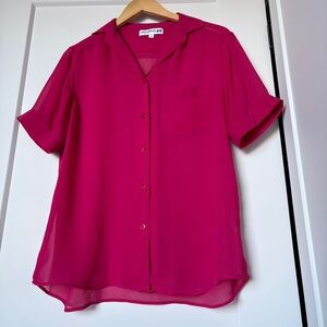 Inès de la Fressange x Uniqlo Hot Pink Sheer Button Blouse Minimal Chic Feminine
